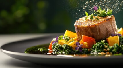 Gourmet culinary experience fine dining restaurant food photography elegant setting close-up view gastronomic artistry