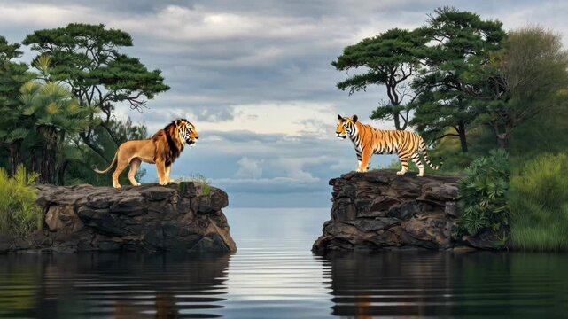 majestic lion and tiger standing on rocky cliffs facing each other with stunning water reflection