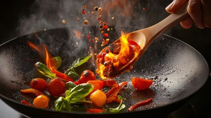 Sizzling cooking action vibrant vegetable stir-fry kitchen culinary art dynamic environment close-up view flavor explosion