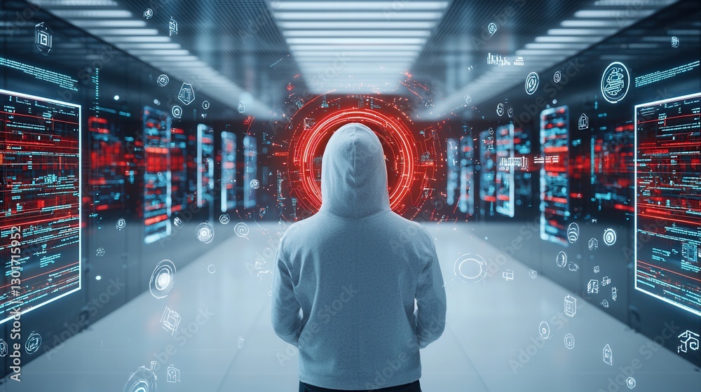Poster hooded hacker figure surrounded by a neon lit futuristic cyber environment filled with digital data 