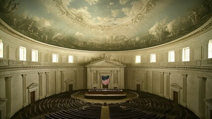 Historic architectural interior with grand ceiling mural and empty rows of seats