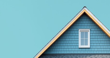 Modern house roof with blue siding and white window against a clear sky