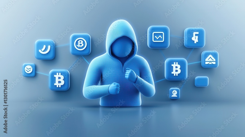 Poster hooded hacker manipulating a glowing cryptocurrency network on dark digital background concept of cy