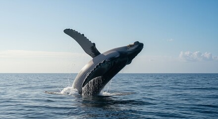 Fototapeta premium Humpback whale breaching in clear blue ocean under bright sky, evoking a sense of awe and wonder