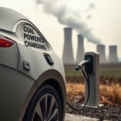 Electric Car Charging with Coal Power, Highlighting Green Energy Paradox