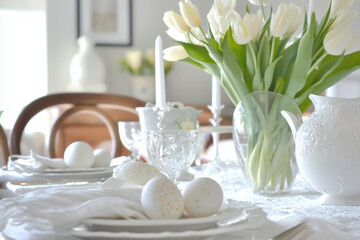Beautifully Set Easter Table at Home with Eggs on Plates and Flowers in a Vase