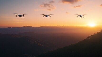 Obraz premium Drones flying sunset mountains aerial photography