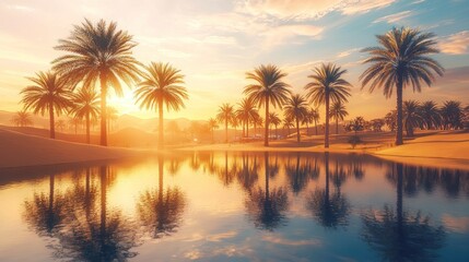Obraz premium Oasis sunset with palm trees reflecting in calm water.