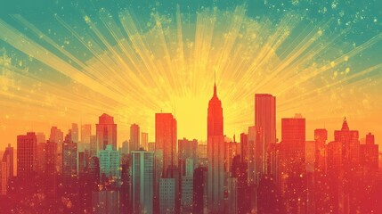 Fototapeta premium Vibrant abstract cityscape with radiant sunset over skyline