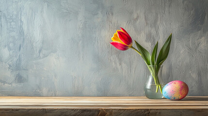 Tulip in a Vase on a Table with an Easter Egg