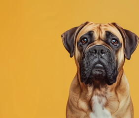 Fototapeta premium Bullmastiff dog on minimalistic colorful background with Copy Space. Perfect for banners, veterinary ads, pet food promotions, and minimalist designs.