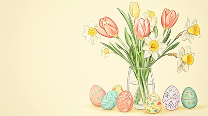 Vase with Spring Flowers and Easter Painted Eggs