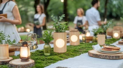 Elegant outdoor dinner party, green decor, moss