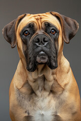 Fototapeta premium Bullmastiff dog on minimalistic colorful background with Copy Space. Perfect for banners, veterinary ads, pet food promotions, and minimalist designs.