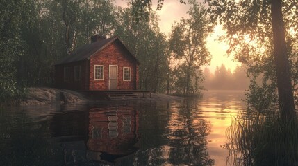 Fototapeta premium Secluded red cabin by lake at sunset.