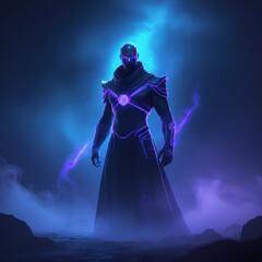 Naklejka premium Futuristic Dark Warrior with Glowing Neon Armor and Energy Sword