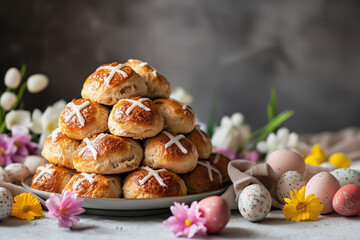 Easter Treats on a Table with Easter Eggs and Blurred Background