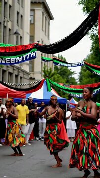 Vibrant juneteenth street parade celebrates culture with colorful traditional dance and festive banners