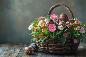 Beautiful Easter Basket with Eggs and Flowers