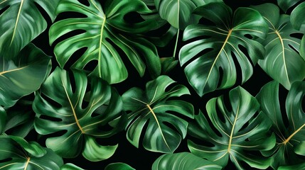 Obraz premium Stunning Tropical Green Leaf Pattern with Elegant Gold Outlines – Perfect for Luxurious Wallpaper and Fabric Design – Deep Rich Aesthetic for High-End Interior Décor