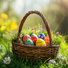 Wicker Basket Full of Easter Eggs on Grass in a Garden