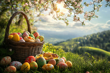 Easter Basket Filled with Colorful Eggs on Grass with a Scenic View of Meadows and Hills