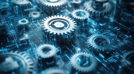 Futuristic mechanical gears on circuit board with glowing blue light