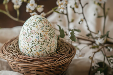 Beautiful Easter Egg on a Wicker Basket &ndash; Easter Table Decoration