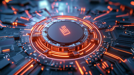 In a futuristic setting, a complex circuit board features a central chip surrounded by illuminated orange lines and patterns. The design highlights advanced technology and innovation