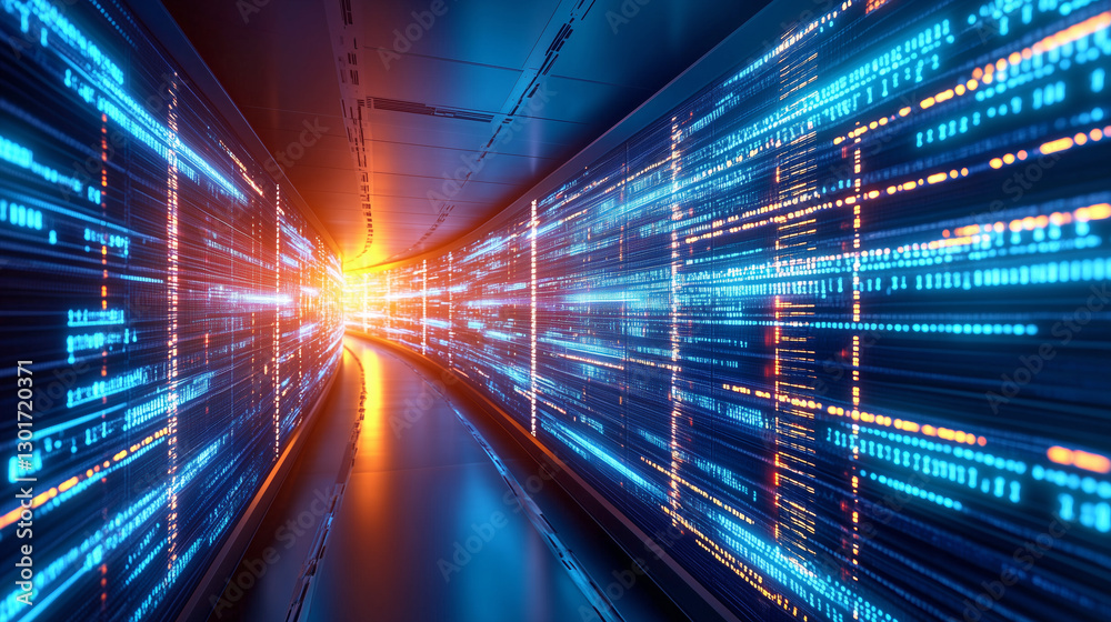 Wall mural the vibrant tunnel showcases a mesmerizing display of lights resembling flowing data streams. the wa