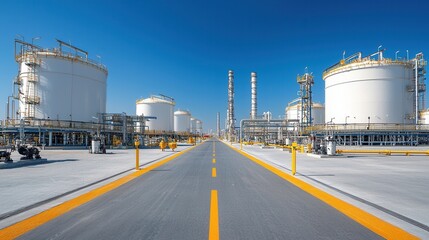 Obraz premium Aerial panoramic view of a large fuel storage depot with numerous massive white storage tanks aligned in a clean orderly and systematic industrial setting