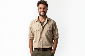 Fototapeta premium Half-Length (Waist-Up) portrait of young stylish smiling Andorran male model in country wear isolated on pure white background looking at camera