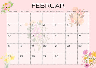 Romantischer Planer für Februar 2025 in Pastelltönen mit Herzen und zarten Blumen