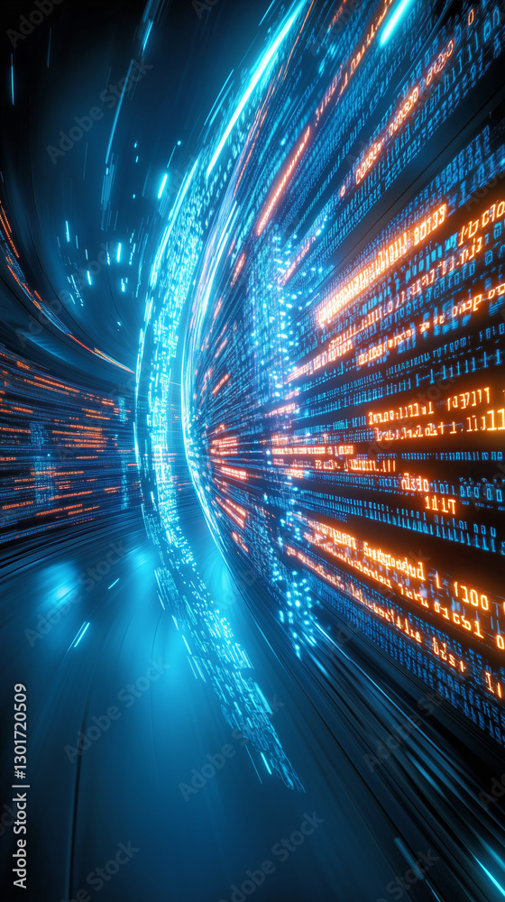 Poster bright blue and orange data streams swirl through a dynamic corridor, creating a vivid display of te