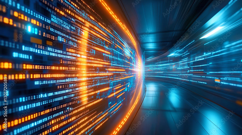 Wall mural a dynamic tunnel filled with vibrant streams of blue and orange light symbolizes the flow of data th