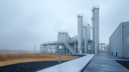 Aerial view of a large industrial facility with massive storage tanks complex pipeline network and other technical infrastructure typical of a chemical oil or energy processing plant