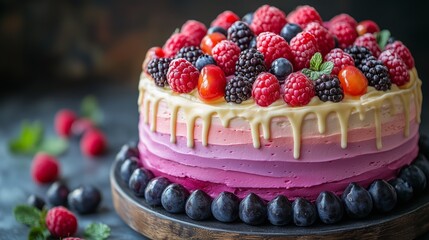 Colorful rainbow cake topped with fresh berries
