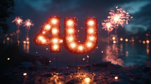 Sparkling 4u light display with fireworks by lake at night