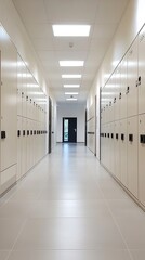 Obraz premium School hallway background with yellow lockers– Modern Educational Interior. School Corridor with Rows of Lockers – Academic Atmosphere. Colorful Lockers in a Long School Hallway – Clean and Organized