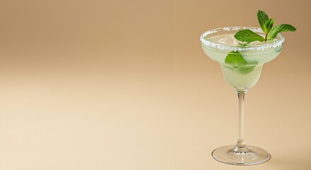 Margarita cocktail with fresh mint leaves and ice in a stylish glass against a warm beige background