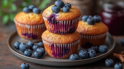 Delicious blueberry muffins stacked on a plate