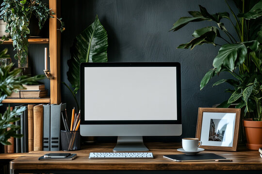 Modern Home Office Workspace with iMac, Plants & Books - Stock Photo