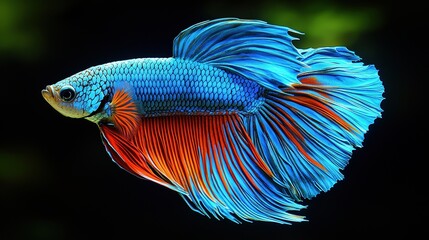 Fototapeta premium A vibrant betta fish showcasing its stunning blue and red fins against a dark background.