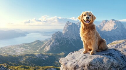 Obraz premium Majestic Golden Retriever on Rock: A Close-Up Portrait by the Sea, Surrounded by Breathtaking Mountains and Clear Blue Skies - Stunning 3D Realism for Nature Lovers
