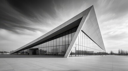 Modern angular architecture with glass facade under dramatic sky
