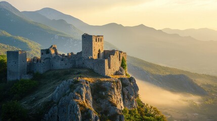 Obraz premium Majestic sunset view of ancient stone castle ruins perched atop a cliff overlooking misty mountains.