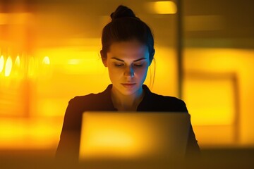 Businesswoman concentrating on her laptop, working late in the office under warm yellow light