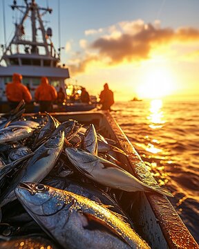 A fishing boat filled with fresh fish during a beautiful sunset over the ocean.
