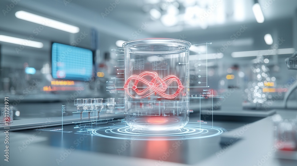 Poster cutting edge laboratory setup with futuristic data visualization and holographic displays showcasing
