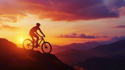 Fototapeta premium Stunning Mountain Biker Silhouette at Sunrise: A Moment of Reflection and Achievement in Professional Sports Imagery, Ultra-Realistic 3D Rendering for Outdoor Enthusiasts and Adventure Lovers